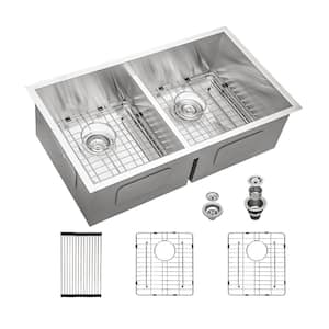 30 in. x 19 in. x 10 in. Double Bowl Undermount Kitchen Sink 16-Gauge Stainless Steel with Bottom Grid