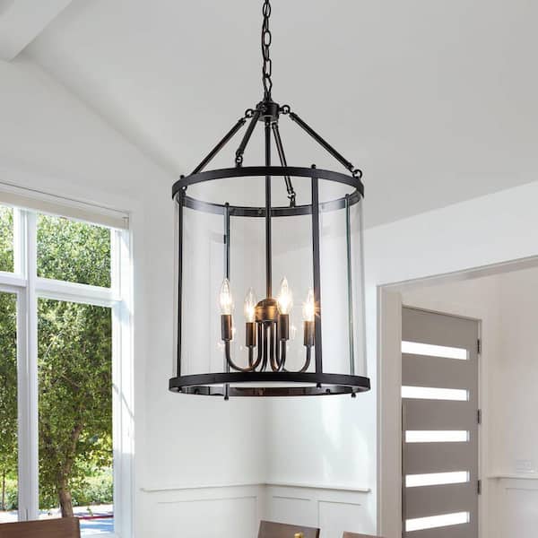 Ellison Industrial 4-Light Black Lantern Geometric Chandelier with Glass Shade