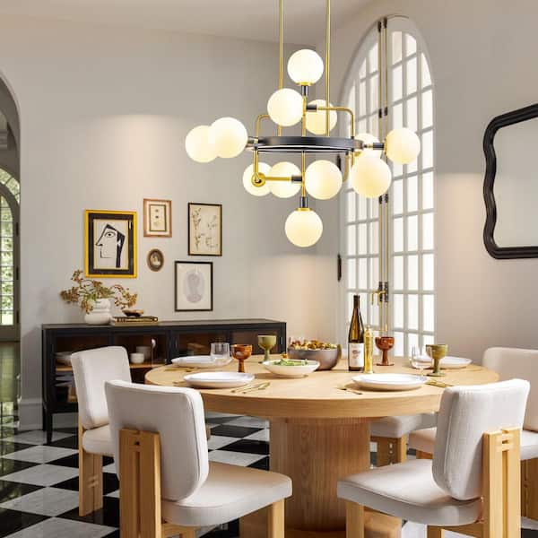 Nick 12-Light Modern Glass Gold and Black Finish Chandelier with Opal Bubbles for Living Room, Dining Room, or Kitchen