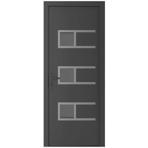 36 in. x 80 in. Right-hand/Inswing Frosted Glass Antracite Grey Steel Prehung Front Door with Hardware