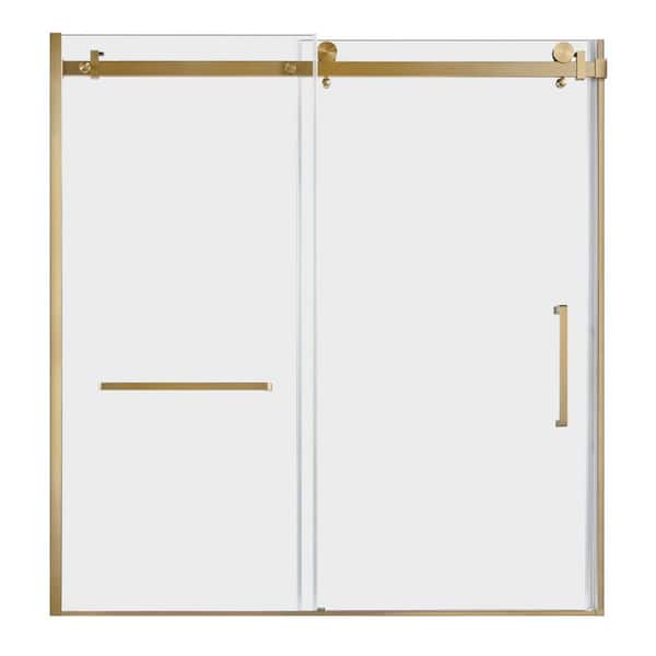 Toledo 57.9 in. W x 60 in. H Semi-Frameless Sliding Shower Door, Brushed Brass, 6mm Clear Glass