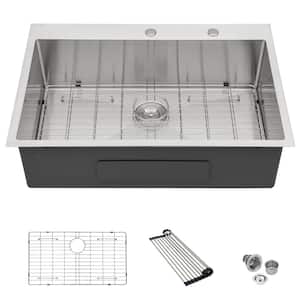 30 in. Drop In/Undermount Single Bowl T304 Stainless Steel Round Corner Kitchen Sink with Bottom Grid and Strainer
