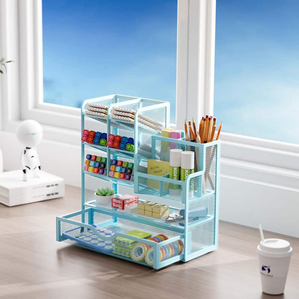9.33 in. x 8.5 in. Blue Metal Desktop Organizer for Supplies and Accessories - Multifunctional Pen Holder with Drawer price history on PriceWatchPro