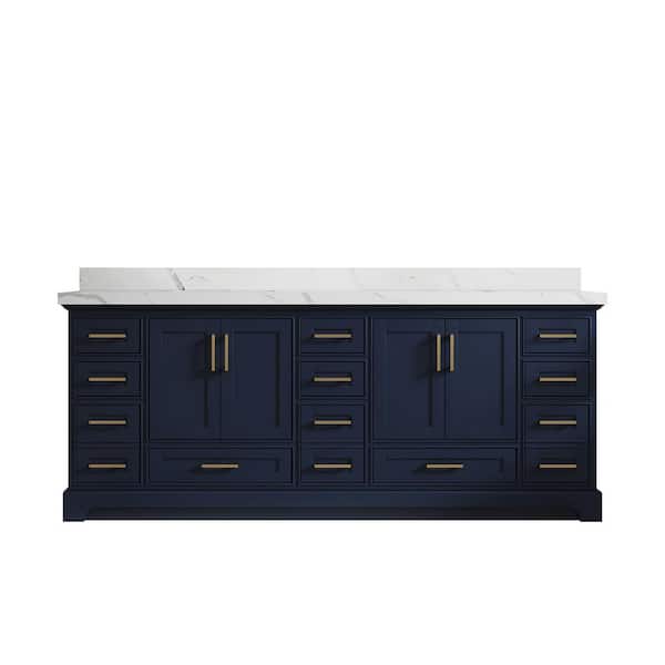 Willow Collections Fenway 84 in. W x 22 in. D x 36 in. H Double Sink Bath Vanity in Navy Blue with 2" Calacatta Quartz Top