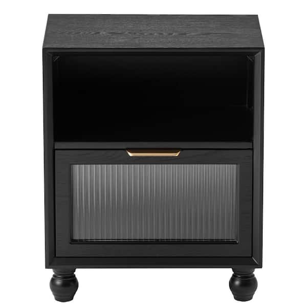 FUIN Natha Mid-Century 1-Drawer Black Glass Front Nigtstand with Open Shelf 12.5 in. D x 18.1 in. W x 22.25 in. H