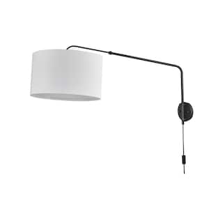 Matte Black 1-Light Plug in Adjustable Telescopic Swing Arm Wall Lamp Includes 2-Linen Shades