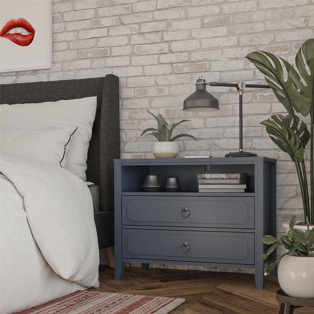 Blue 2-Drawer Nightstand with Open Cubby and Wood Legs