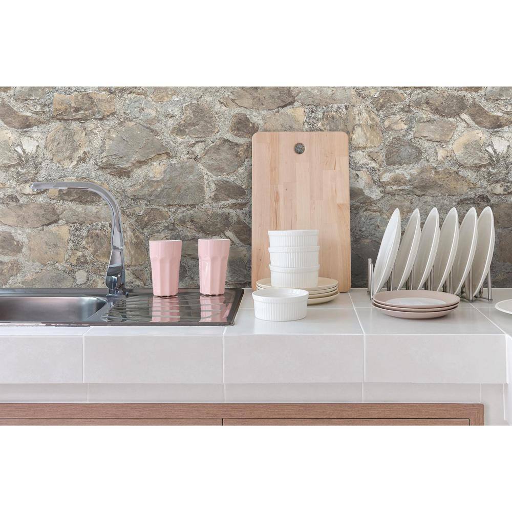 Gray and Beige Weathered Stone Peel and Stick Wallpaper Roll