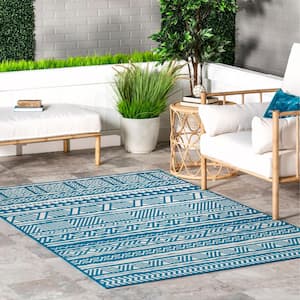 Abbey Tribal Striped Teal 5 ft. x 8 ft. Indoor/Outdoor Area Rug