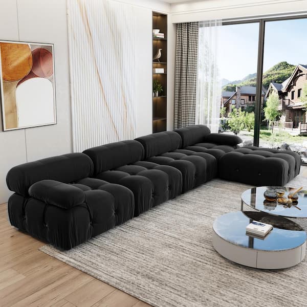 J&E Home 138 in. W Velvet 5 Seater Modular Free Combination Sofa with Ottoman in Black