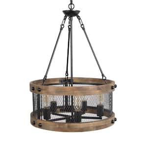 Wood Round Chandelier, Industrial 5-Light Dark Brown Drum Chandelier Farmhouse Island Pendant Light for Dining Room