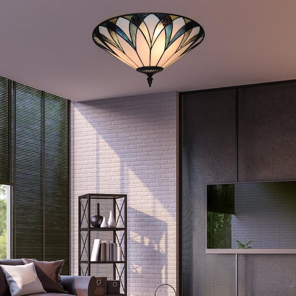OUKANING 18 in. 3-Light Retro Elegant Stained Glass Flush