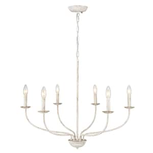 6-Light Distressed White Linear Chandelier for Dining Room, French Country Candlestick Chandelier