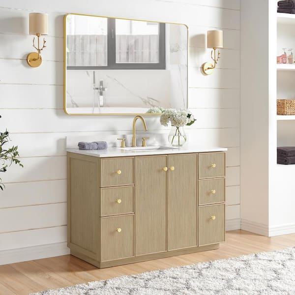 Oza 48 in.W x 22 in.D x 33.9 in.H Single Sink Bath Vanity in Natural Oak with White Qt. Stone Top and Mirror