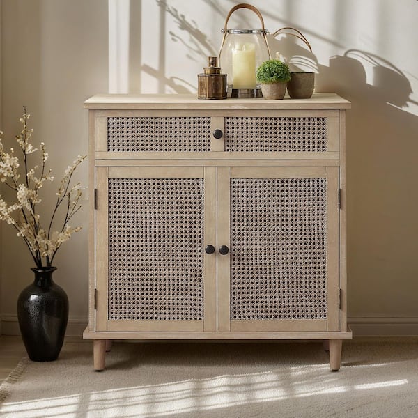 Art Leon Rustic Natural Wood Buffet Cabinet with Waved Wood Mosaic Design