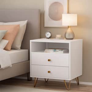 2-Drawer White Nightstands With Metal Legs and Open Shelf, Side Table Bedside Table 15.7 in. D x 19.6 in. W x 21.6 in. H