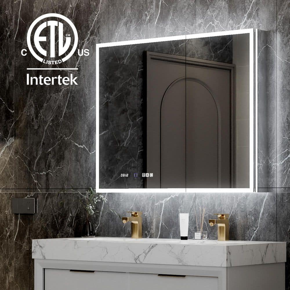 40 in. W x 32 in. H Rectangular Silver Aluminum Recessed/Surface Mount Medicine Cabinet with Mirror, LED and Clock price history on PriceWatchPro