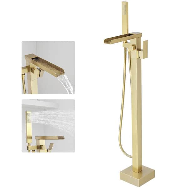 Modern Brass Floor Mount Tub Faucet with Waterfall Spout & 360° Swivel in Brushed Gold