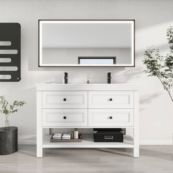 48 in. W x 17.7 in. D x 34 in. H 2-Sink Freestanding Bath Vanity in White with White Resin Top and Drain Faucet Set