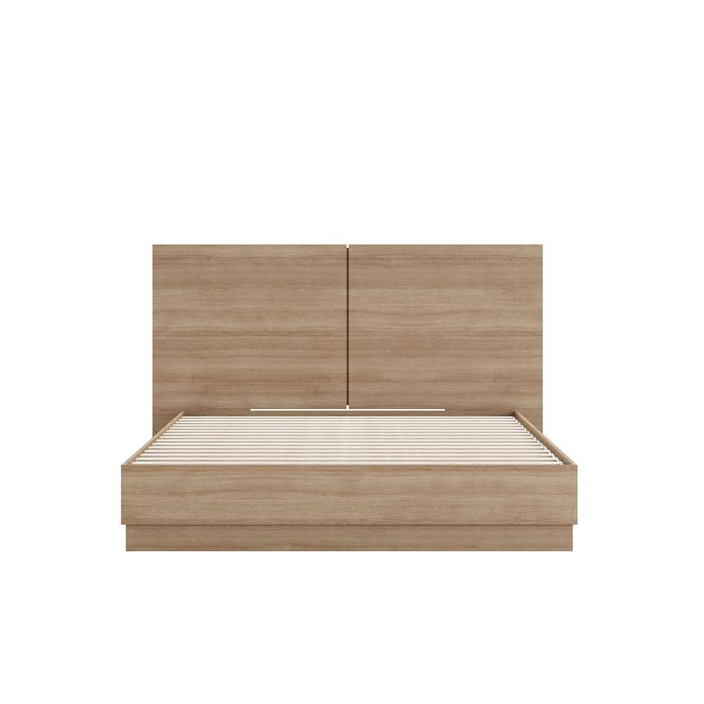 Queen Oak Wood Frame Upholstered Platform Bed with Headboard
