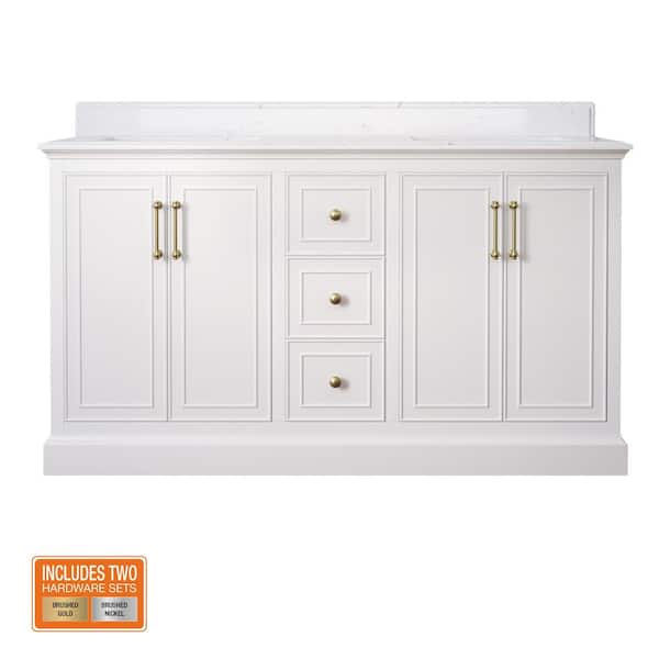 Ravenscroft 61 in. Double Sink White Swan Bath Vanity with Carrara White Engineered Stone Top (Assembled)