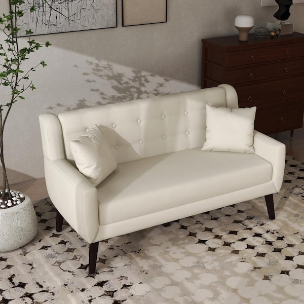 Uixe 62.99 in. W Modern White Straight Arm Linen Upholstered Button 2-Seater Loveseat with 2-Pillows