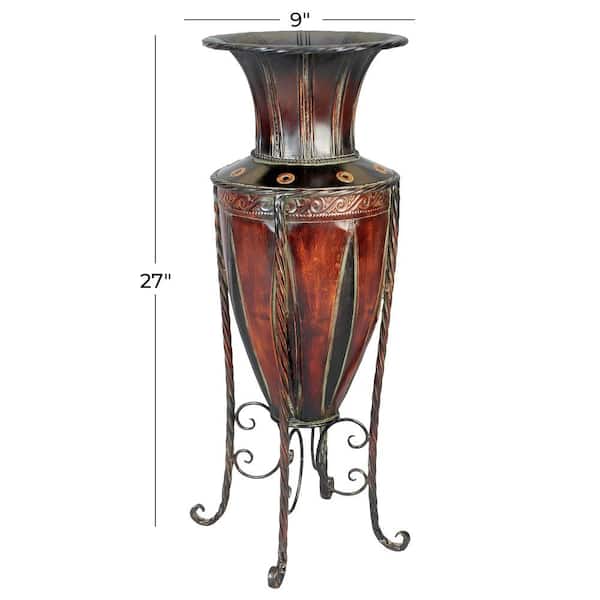 27 in. Brown Tall Metal Decorative Vase with Attached Metal Stand and Intricate Design