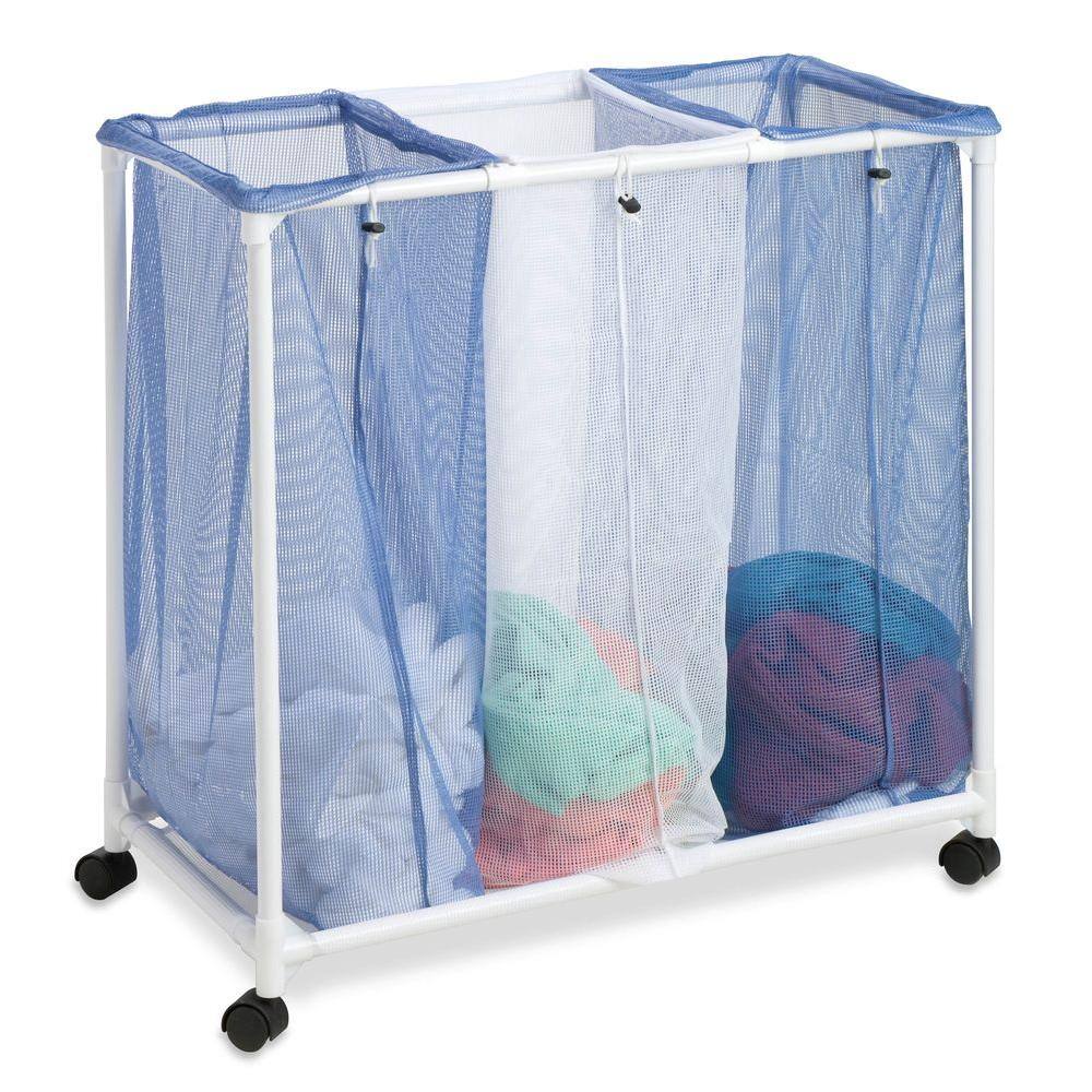 Blue and White 3-Bin Mesh Laundry Sorter with Wheels