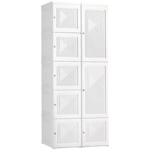 Portable Wardrobe Closet, Folding Armoire, Storage Organizer with Cube Compartments, Hanging Rod, Magnet Doors, White