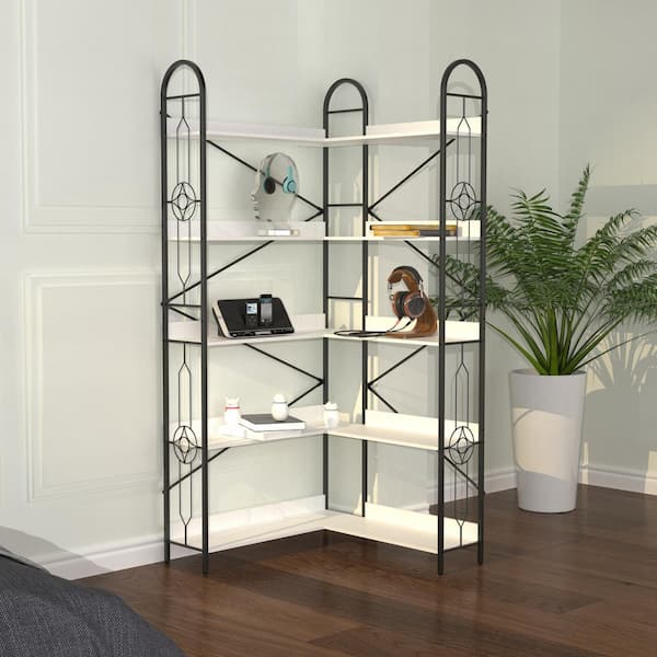 Industrial Series 5-Tier Thickened Iron Frame Corner Bookshelf in White (33 in. W x 72 in. H x 33 in. D)