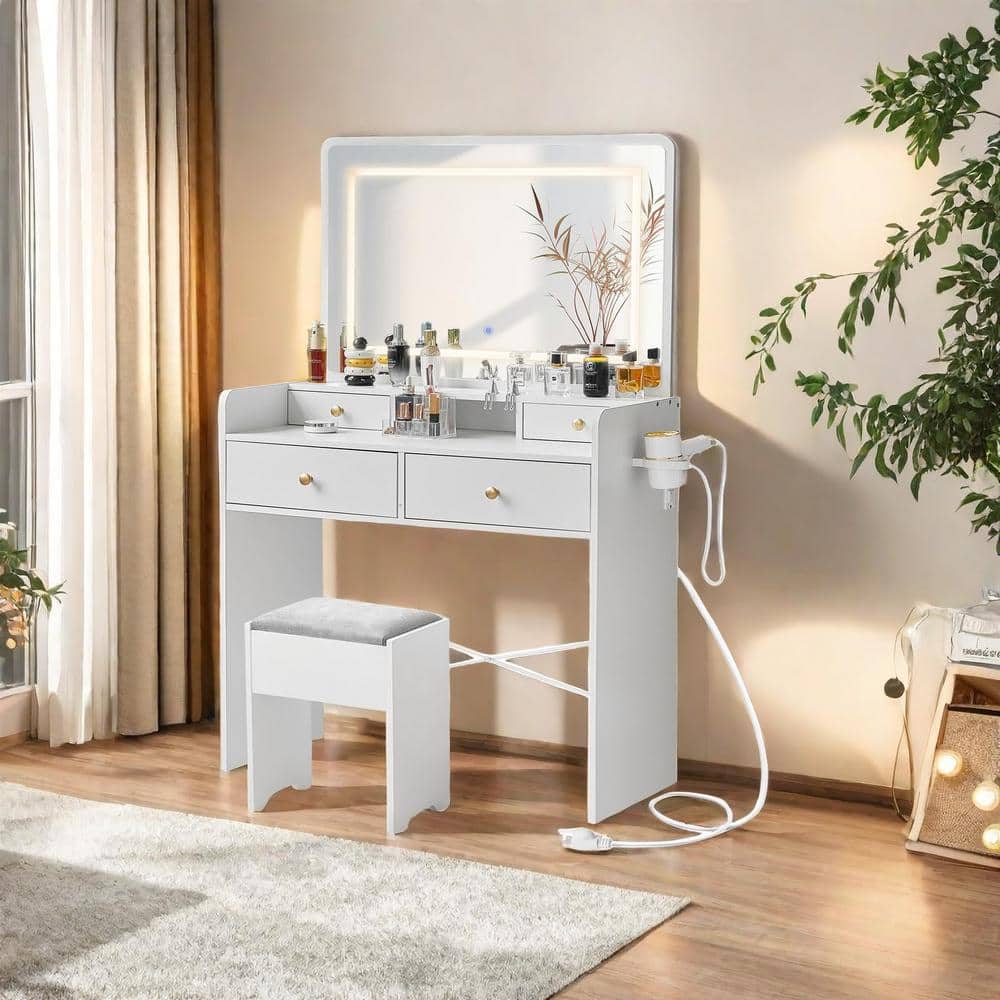 White Wood Vanity Desk with LED Mirror and Storage Bench