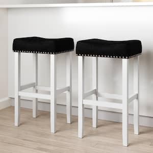 Hylie 29 in. Nailhead Wood Pub-Height Counter Bar Stool, Dark Gray Faux Leather Cushion White Finish, Set of 2