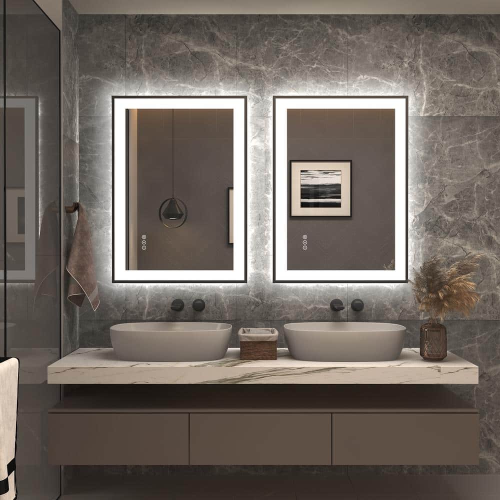 Matte Black LED Lighted Anti-Fog Vanity Mirror with Tempered Glass, 28" x 20"