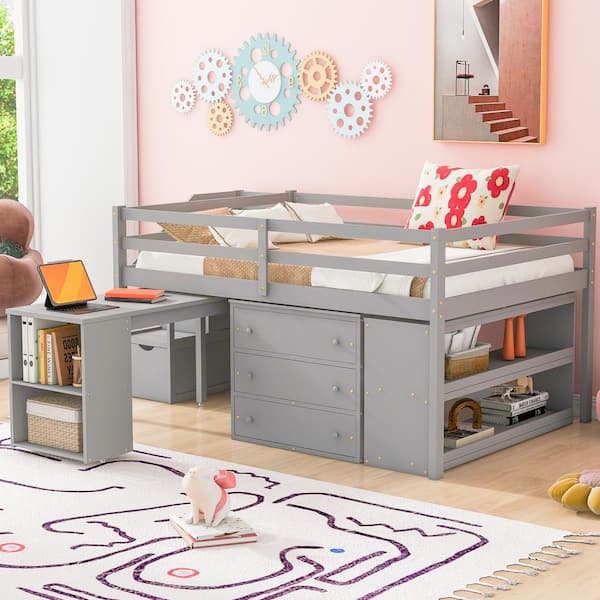 Harper & Bright Designs Gray Full Size Wood Low Loft Bed with Movable Desk, 2-Open Compartments, 2-Shelves, 3-Drawer, Storage Stairs