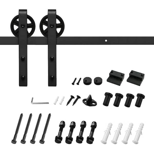 Movisa 5 ft./60 in. J-Shaped Sliding Single Barn Door Hardware Kit with Large Wheel Rollers
