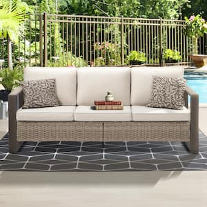 3-Seat Wicker Outdoor Patio Sofa Steel Frame Sectional Couch with Beige Cushions