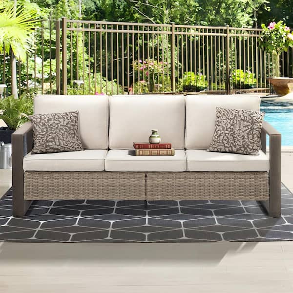 JOYSIDE 3-Seat Wicker Outdoor Patio Sofa Steel Frame Sectional Couch with Beige Cushions