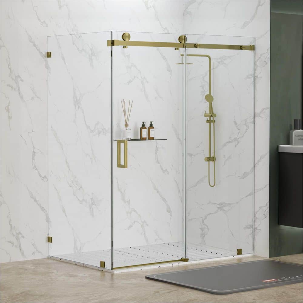 Serenity 54 in. W x 38 in. D x 76 in. H Sliding Frameless Corner Shower Enclosure in Brushed Gold with Clear Glass price history on PriceWatchPro