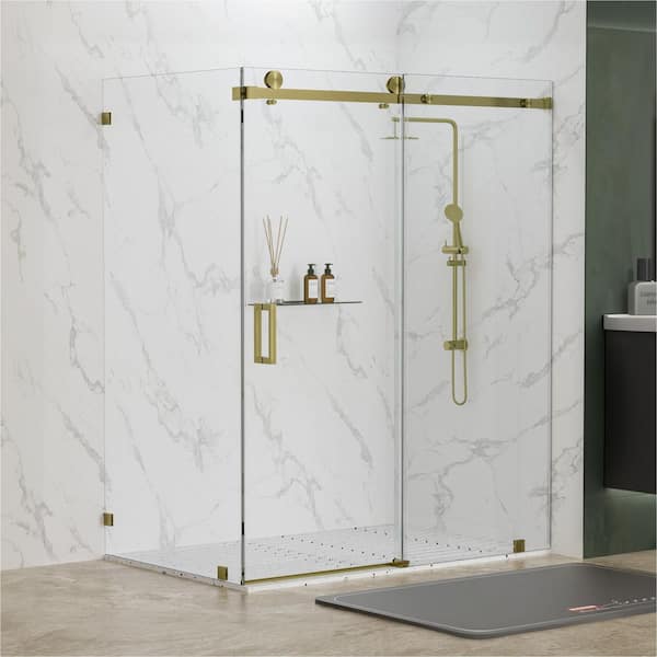 Serenity 66 in. W x 31 in. D x 76 in. H Sliding Frameless Corner Shower Enclosure in Brushed Gold with Clear Glass