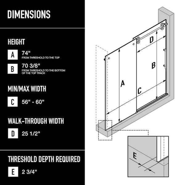 VIGO Elan 56 to 60 in. W x 74 in. H Frameless Grid Sliding