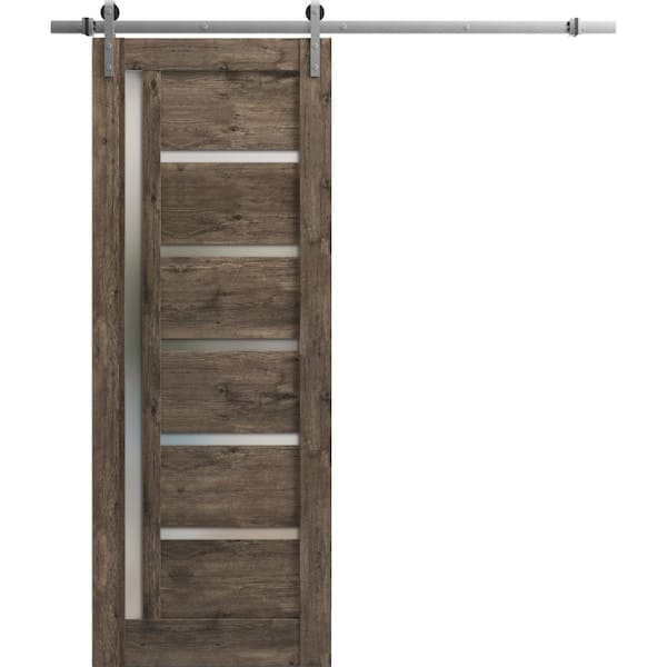 32 in. x 84 in. 1 Panel Frosted Glass Cognac Oak Wood Sliding Barn Door with Hardware Kit