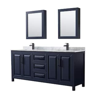 Daria 80 in. W x 22 in. D x 35.75 in. H Double Bath Vanity in Dark Blue with White Carrara Marble Top & Med Cab Mirrors