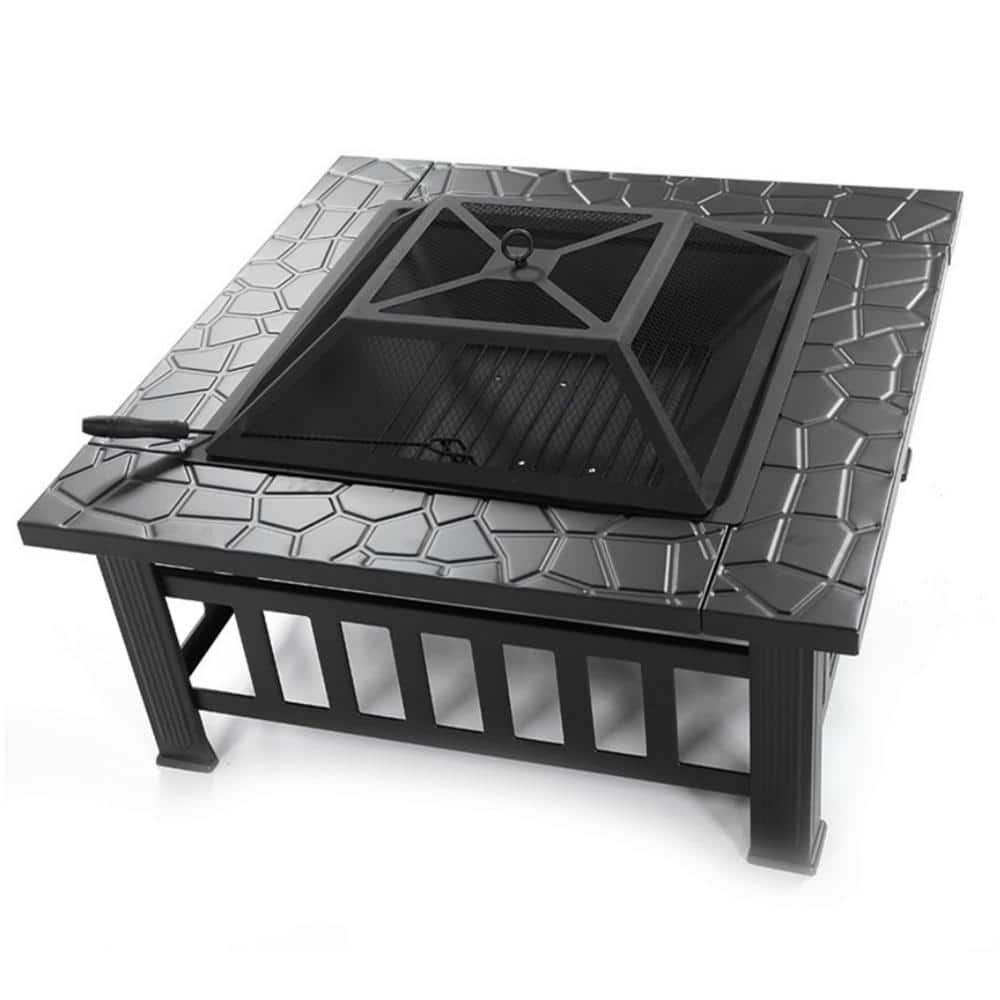 JimsMaison 32 in. W x 14 in. H Square Metal Wood Burning Outdoor Fire Pit Table in Black
