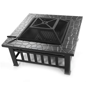 32 in. W x 14 in. H Square Metal Wood Burning Outdoor Fire Pit Table in Black