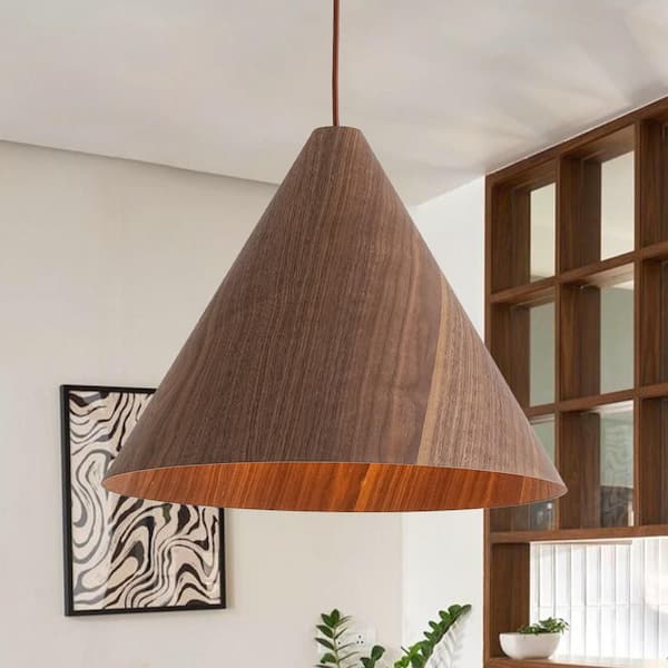 Arden 17.7 in. 1-Light Walnut Finish Industrial Farmhouse Hanging Pendant Light with Cone Shade