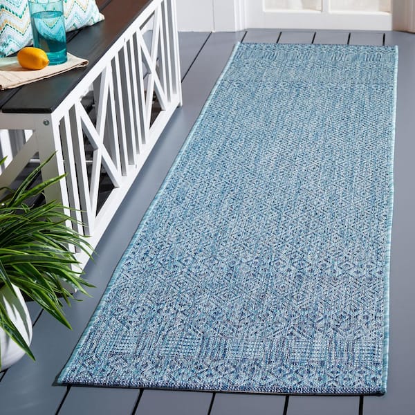 Courtyard 2 ft. x 8 ft. Aqua/Navy Geometric Indoor/Outdoor Runner Rug