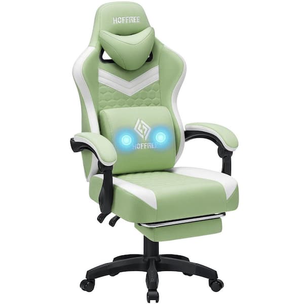 Fabric Reclining Ergonomic Gaming Chair in Green/White with Vibration Lumbar Pillow and Footrest
