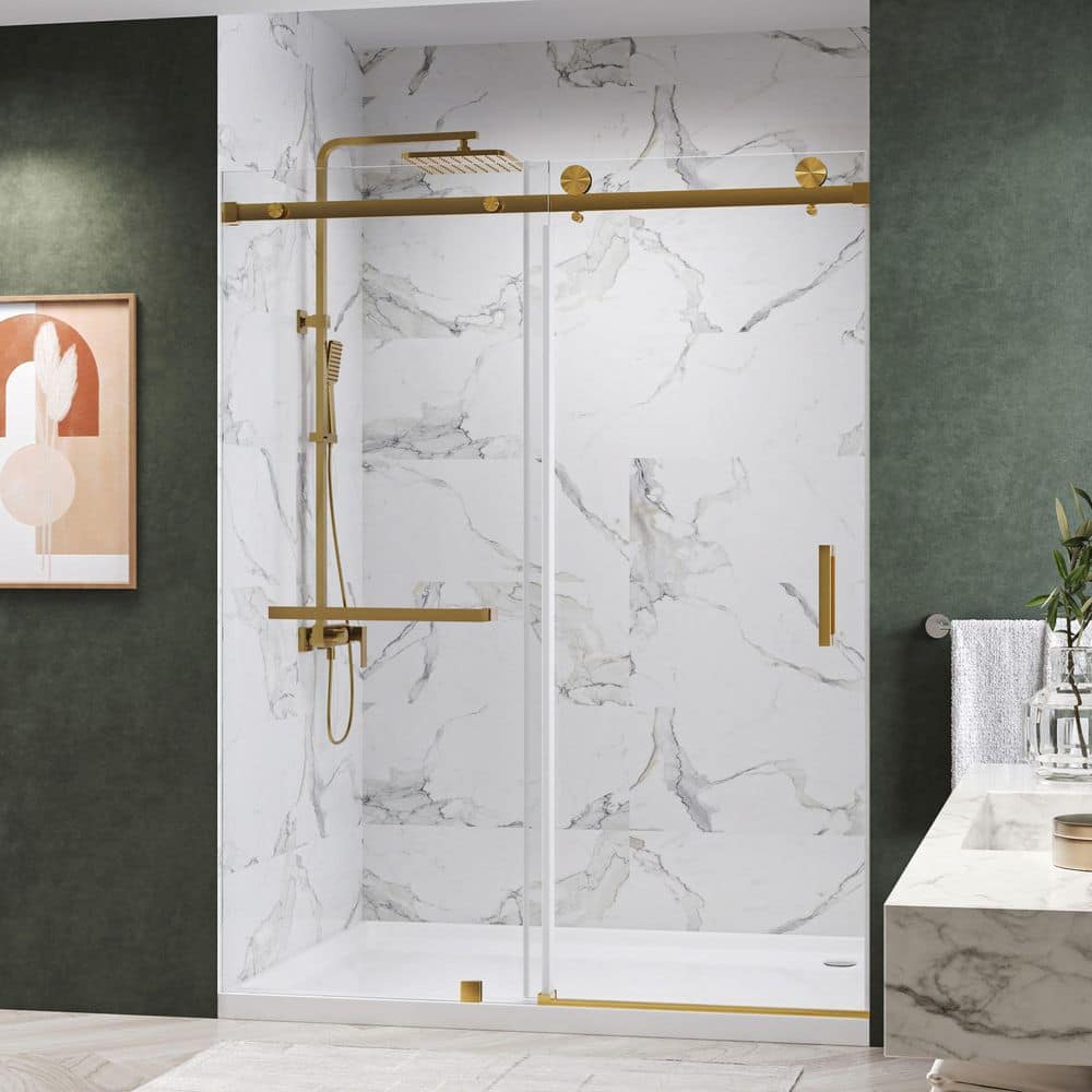 "Serenity 62 to 66 in. W x 76 in. H Frameless Sliding Shower Door with Towel Bar in Brushed Gold with 3/8"" Clear Glass" price history on PriceWatchPro