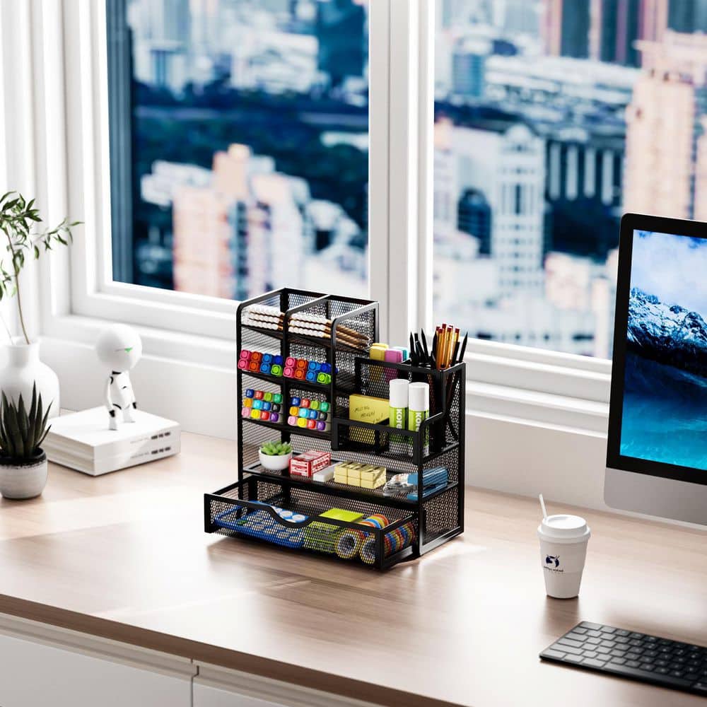 9.33 in. x 8.5 in. Black Metal Desktop Organizer for Supplies and Accessories - Multifunctional Pen Holder with Drawer price history on PriceWatchPro