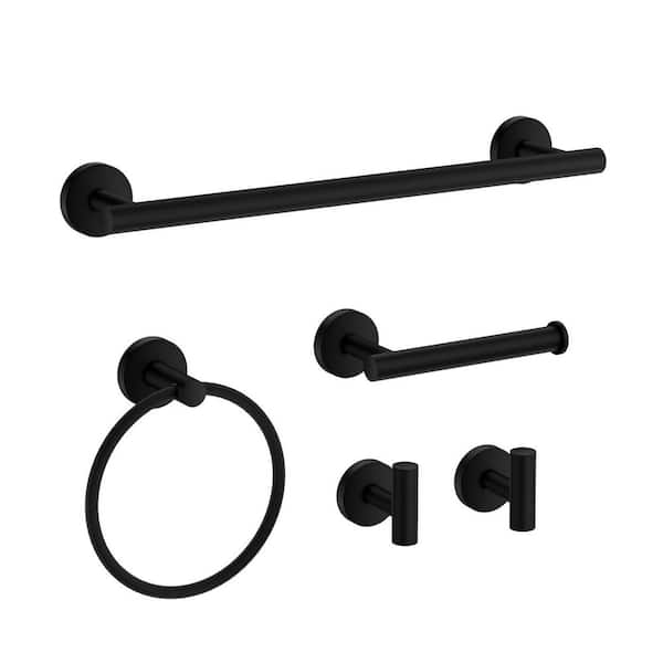 5-Piece Bath Hardware with Towel Bar Towel Ring Toilet Paper Holder Set and Towel Hooks in Matte Black
